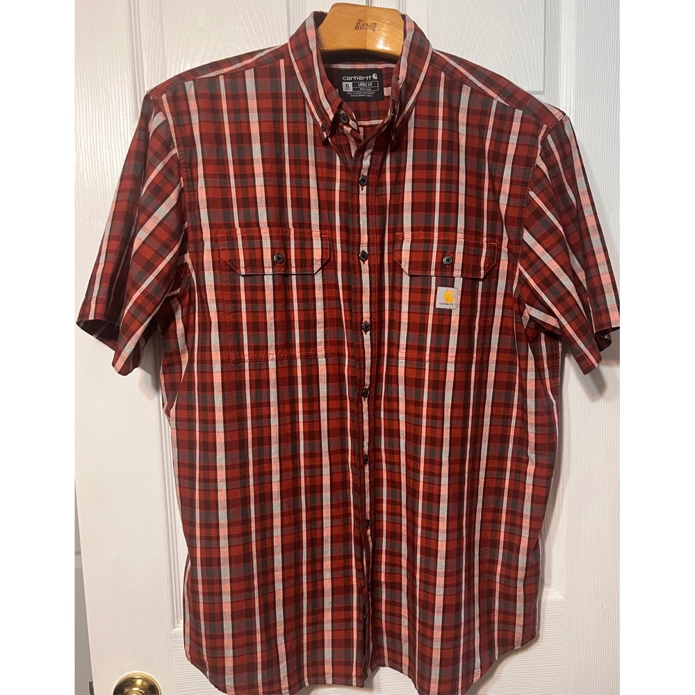 Carhartt Mens XL Tall Red Plaid Short Sleeve Button Down Shirt TW4625-M Loose